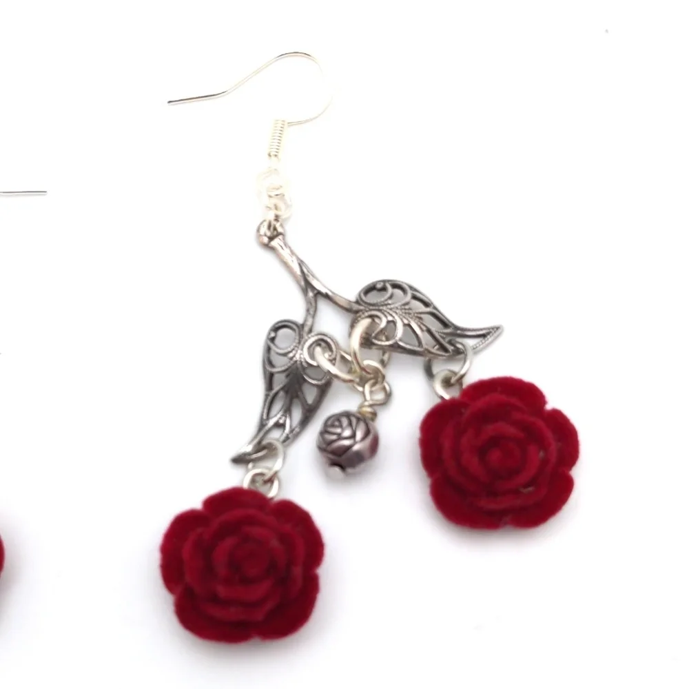 381MIDALANE Assymmetrical Flocked Red Rose Earrings